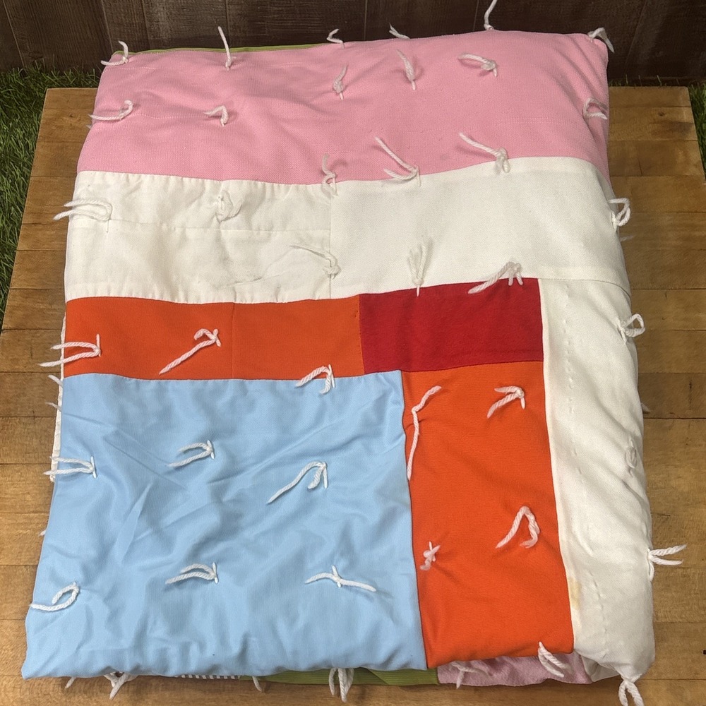 Vintage 1970s Patchwork Quilt Twin Hand Tied Color Block Retro Mod Blanket
